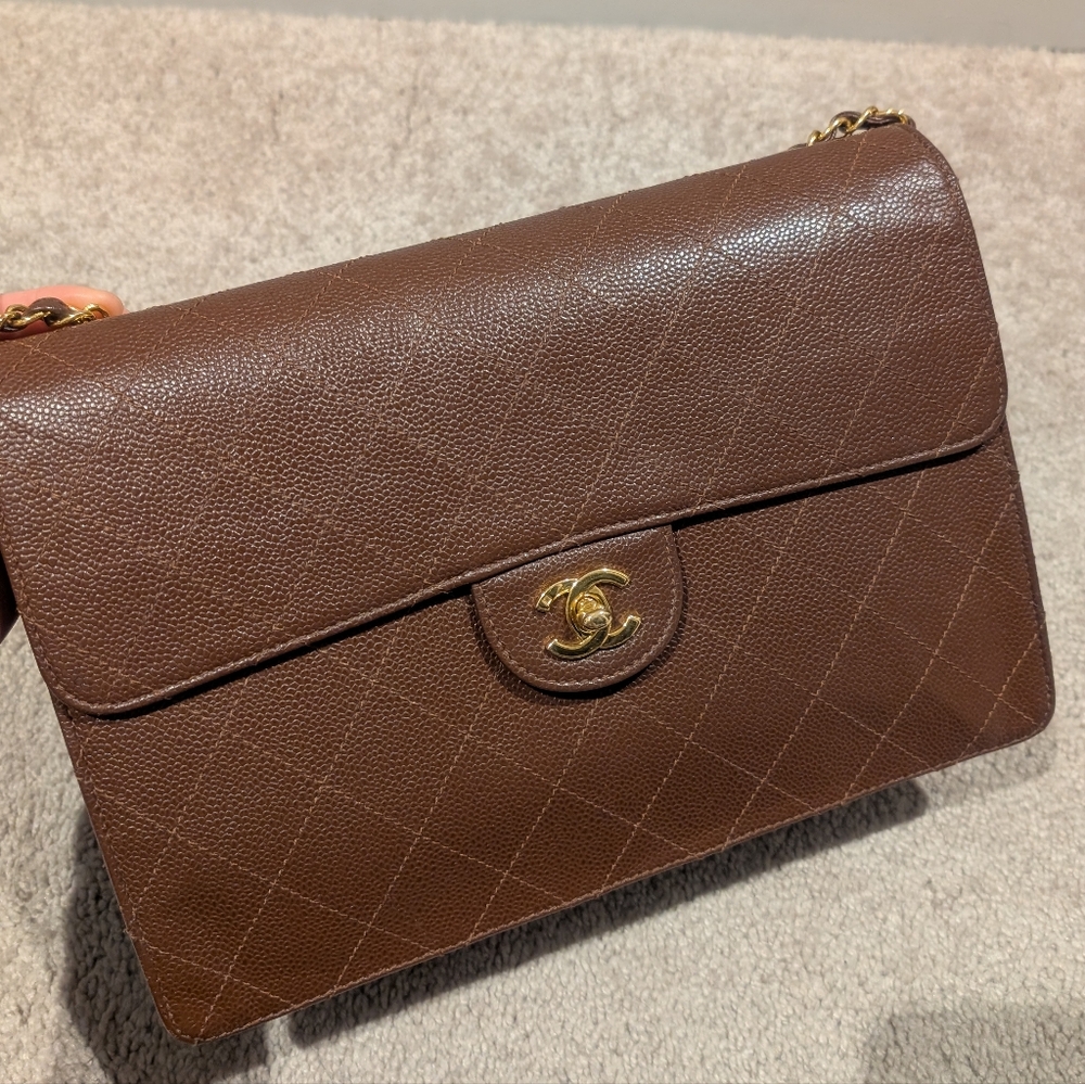 Rare Chanel Jumbo Flap Chain Shoulder Vintage Brown Bag Caviar Skin